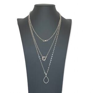 The Sak Three Row Layered Pendant Necklace Silver Tone Black New